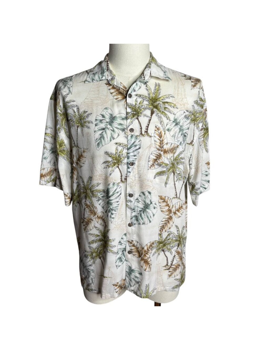 Moda Campia Button Up Hawaiian Shirt M Cream Palm Tree Short Sleeve Camp Pocket
